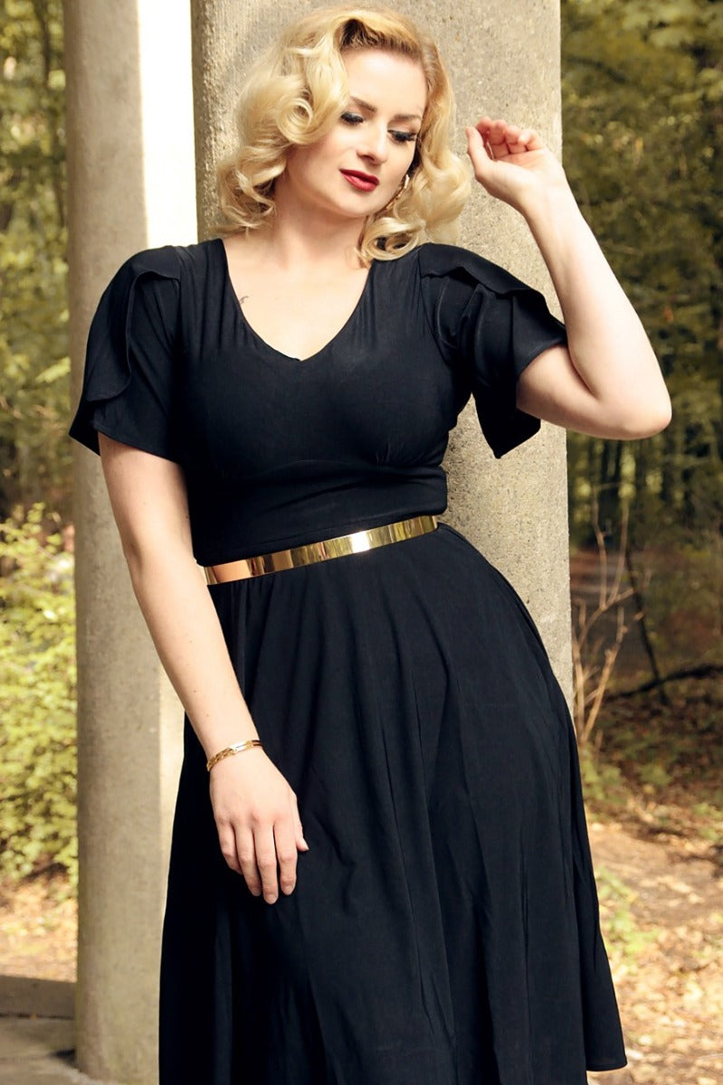 Woman's Vintage-Inspired Swing dress with Petal Sleeves in Black