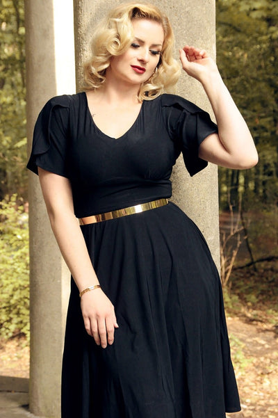 Woman's Vintage-Inspired Swing dress with Petal Sleeves in Black