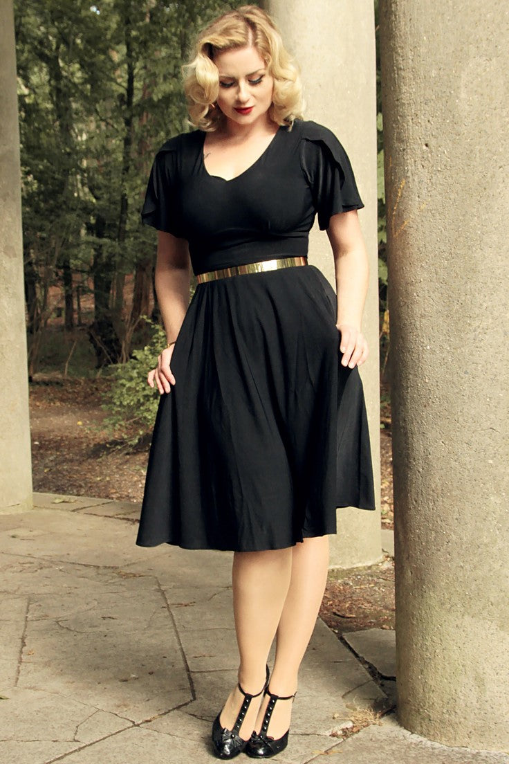 Woman's Vintage-Inspired Swing dress with Petal Sleeves in Black