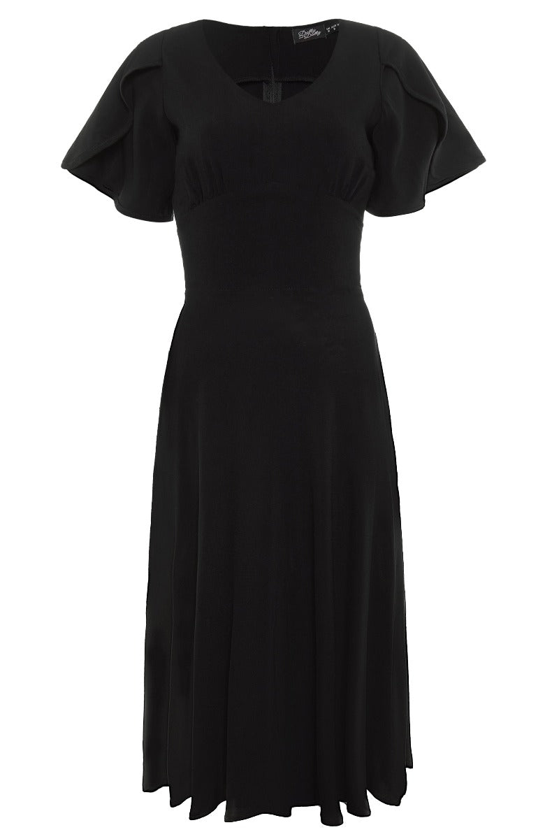 Janice Vintage-Inspired Swing dress with Petal Sleeves in Black