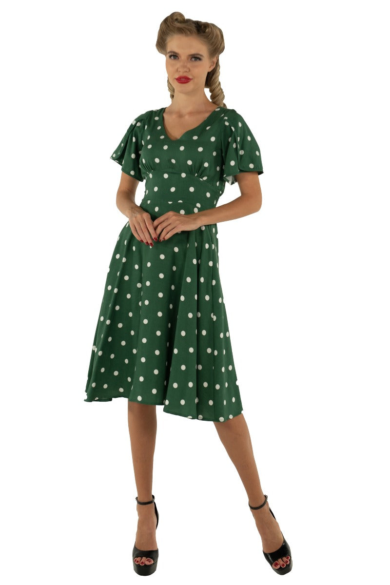 Janice V-neck Petal Sleeved Flared Dress in Green & White Polka Dots