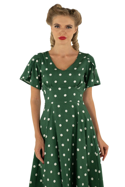 Janice V-neck Petal Sleeved Flared Dress in Green & White Polka Dots