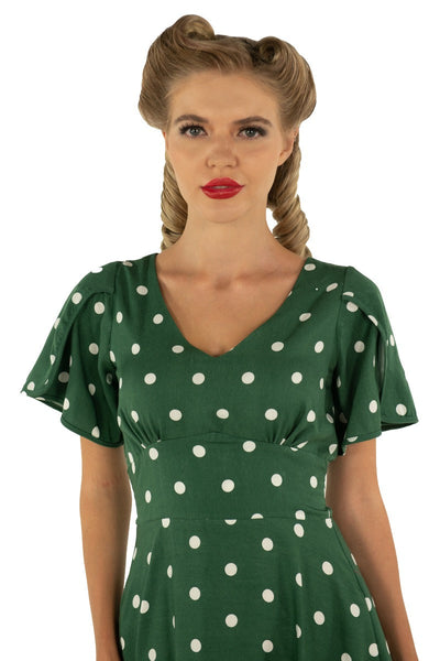 Janice V-neck Petal Sleeved Flared Dress in Green & White Polka Dots