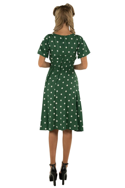 Janice V-neck Petal Sleeved Flared Dress in Green & White Polka Dots