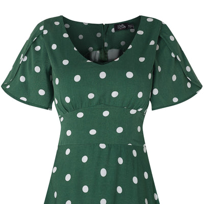 Janice V-neck Petal Sleeved Flared Dress in Green & White Polka Dots
