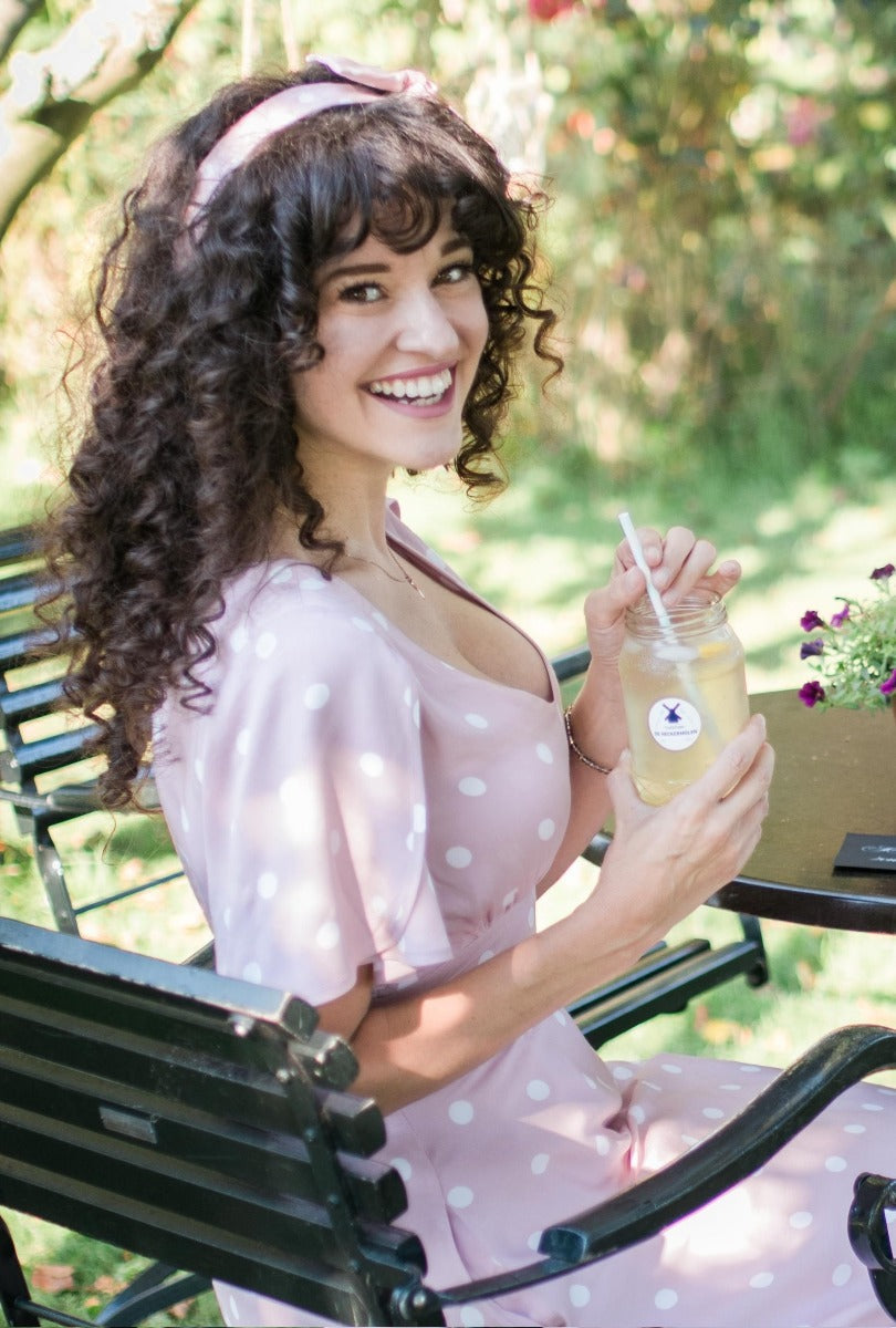 Woman's V-neck Petal Sleeved Flared Dress in Pale Pink & Off White Polka Dots