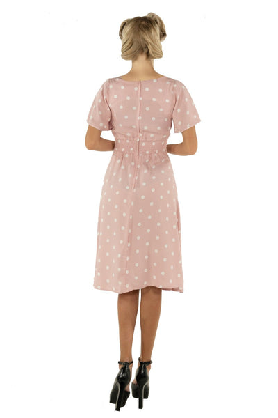 Janice Summer Dress in Baby Pink/White Polka Dot