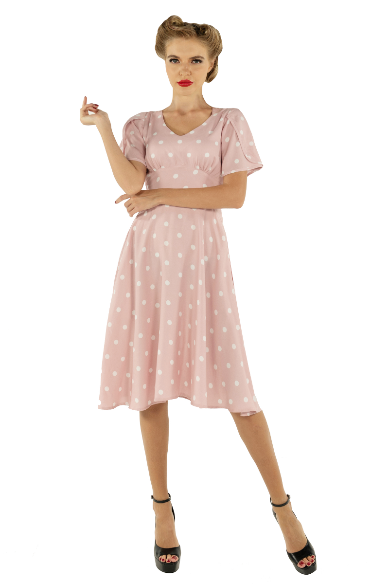 Janice Summer Dress in Baby Pink/White Polka Dot