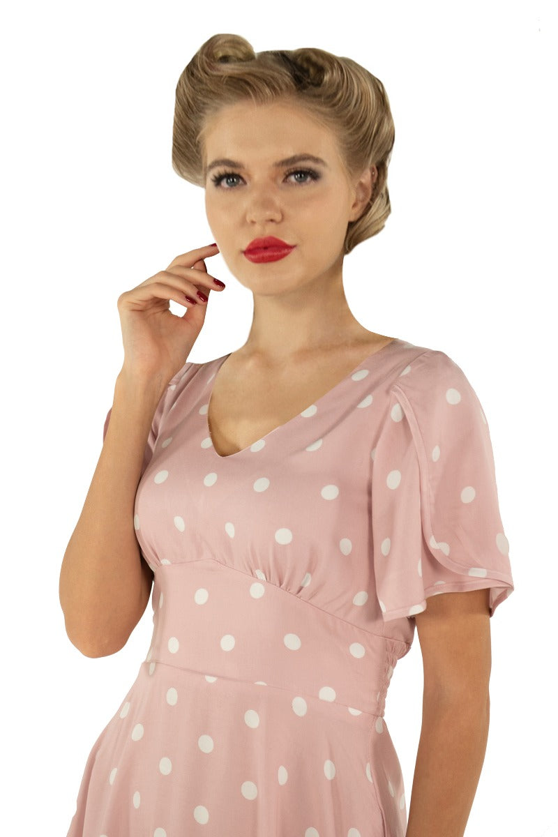 Janice Summer Dress in Baby Pink/White Polka Dot