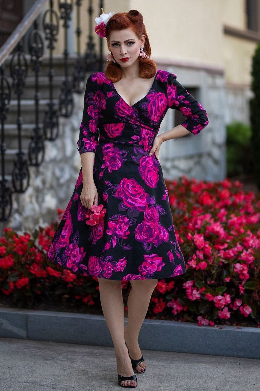 Katherine Black Pink Floral Swing Dress