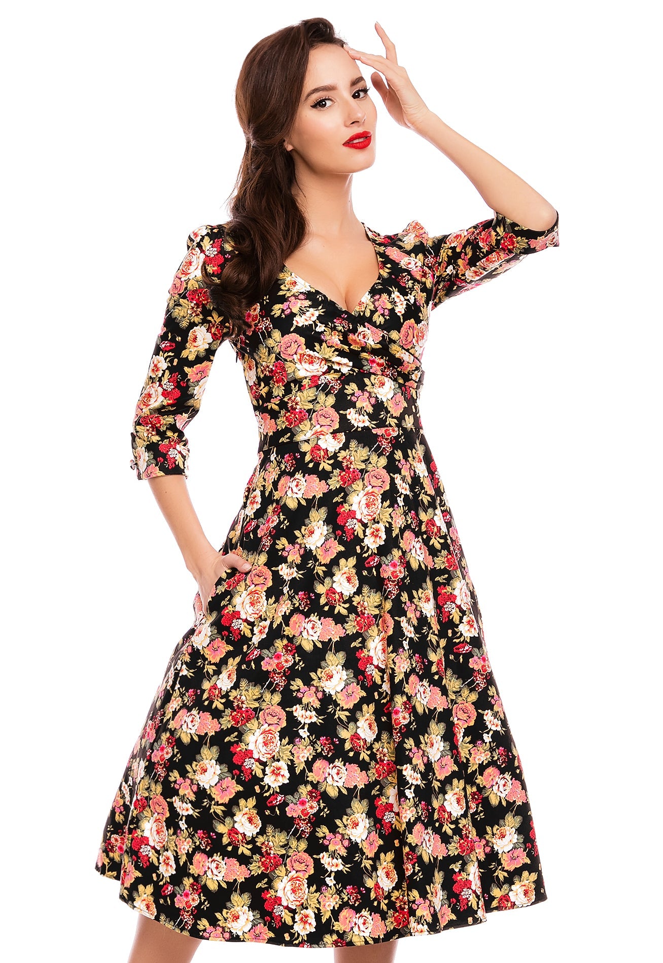 Katherine Long Sleeve 50s Style Swing Dress in Black-Pink Floral