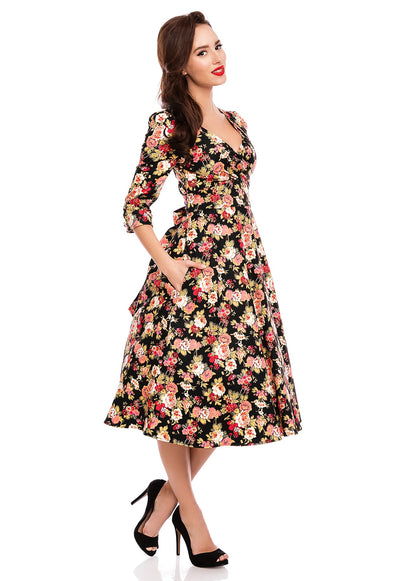 Katherine Long Sleeve 50s Style Swing Dress in Black-Pink Floral