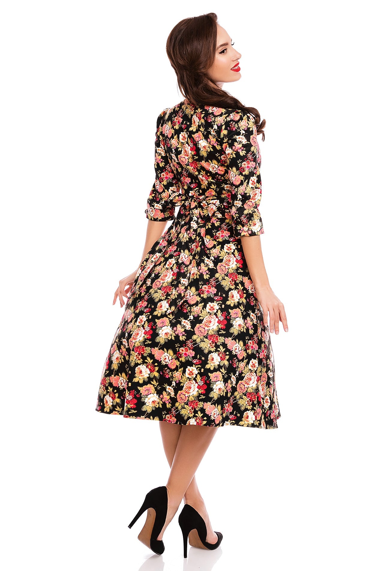 Katherine Long Sleeve 50s Style Swing Dress in Black-Pink Floral