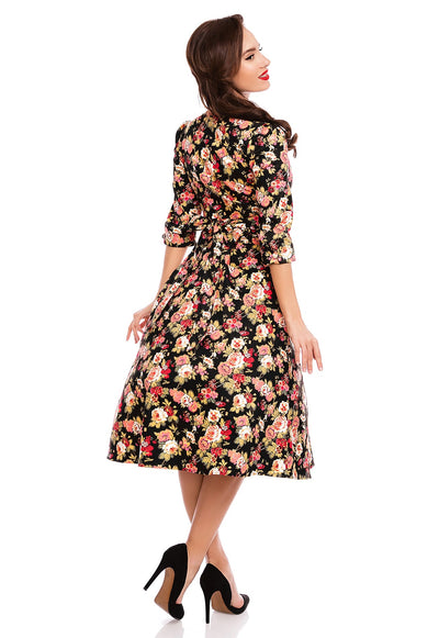 Katherine Long Sleeve 50s Style Swing Dress in Black-Pink Floral