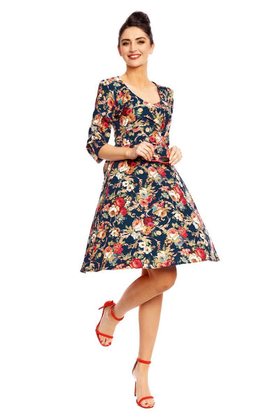 Katherine Long Sleeve 50s Style Floral Swing Dress in Purple
