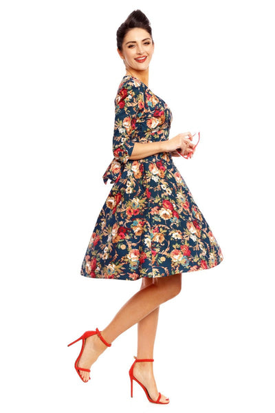 Katherine Long Sleeve 50s Style Floral Swing Dress in Purple