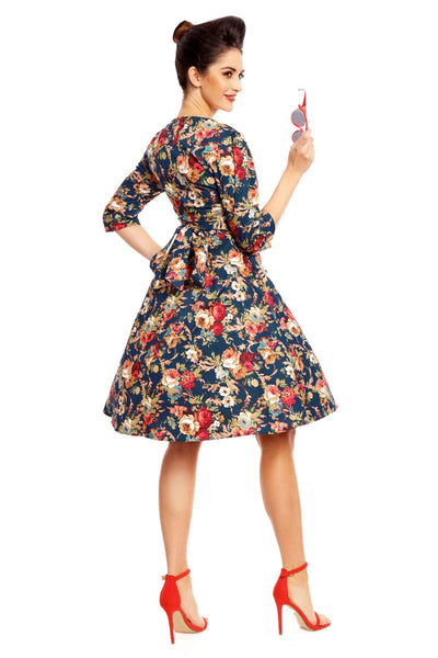 Katherine Long Sleeve 50s Style Floral Swing Dress in Purple