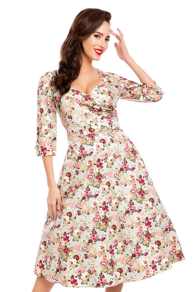 Katherine Long Sleeve 50s Style Swing Dress in Blue-Pink Floral