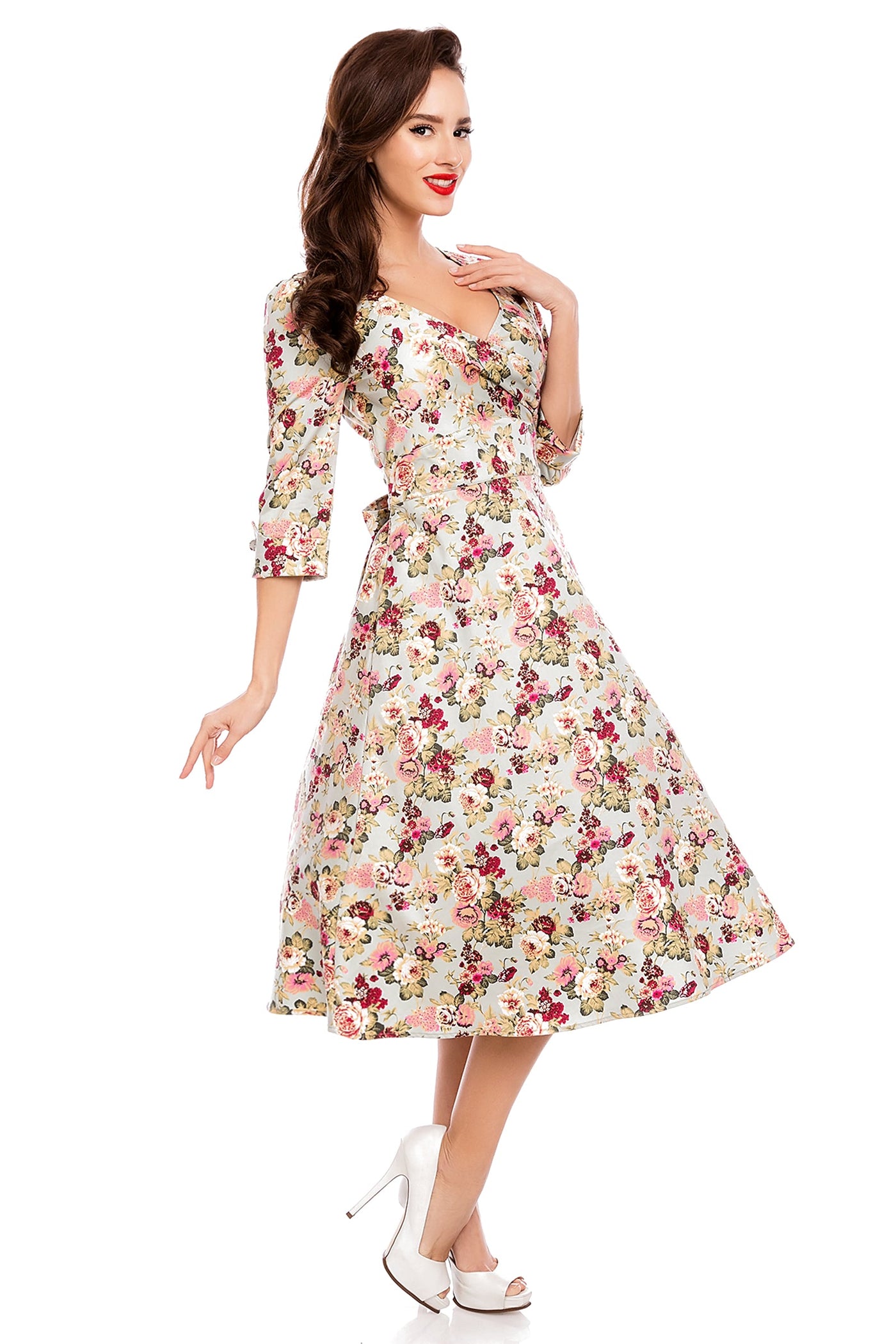 Katherine Long Sleeve 50s Style Swing Dress in Blue-Pink Floral