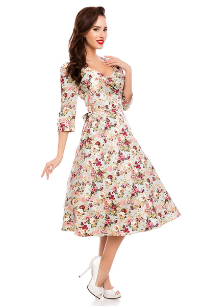 Katherine Long Sleeve 50s Style Swing Dress in Blue-Pink Floral