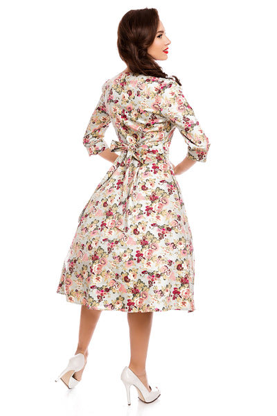 Katherine Long Sleeve 50s Style Swing Dress in Blue-Pink Floral