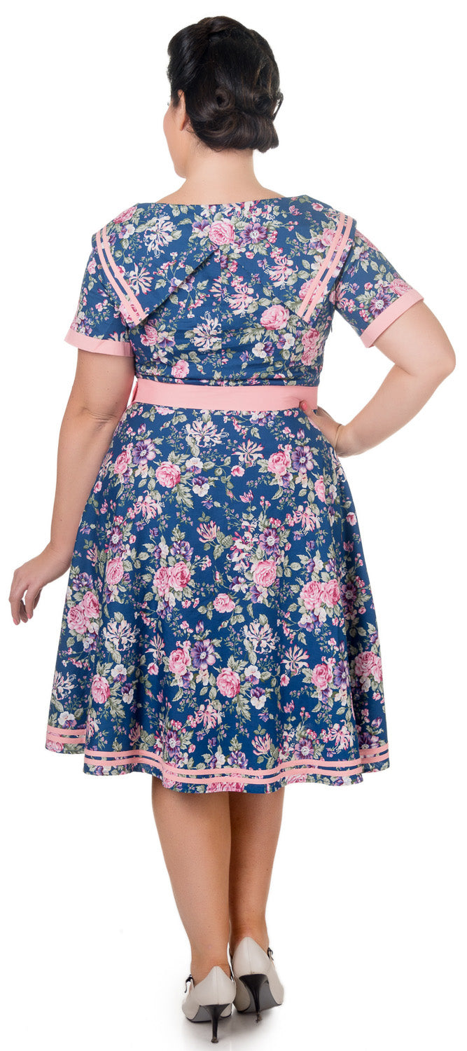 Violet Sailor Style 50s Swing Dress in Blue Floral