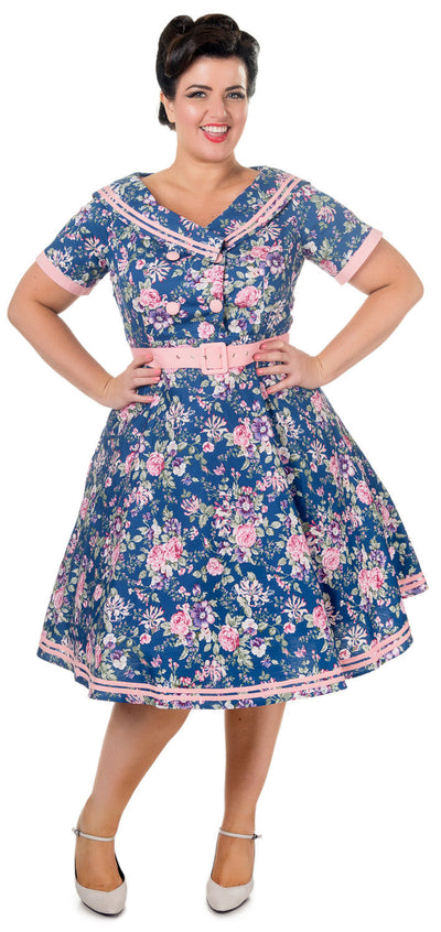 Violet Sailor Style 50s Swing Dress in Blue Floral