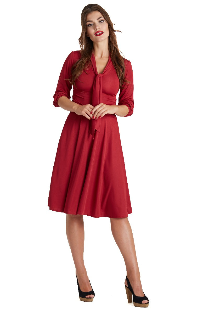 Woman's Vintage  Stretchy Burgundy Bow Tie Dress 