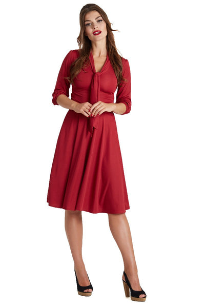 Woman's Vintage  Stretchy Burgundy Bow Tie Dress 