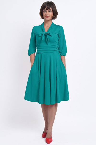 Sandra Vintage Inspired Stretchy Turquoise Bow Tie Dress