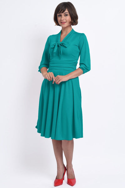 Sandra Vintage Inspired Stretchy Turquoise Bow Tie Dress