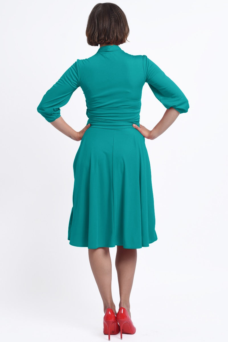 Sandra Vintage Inspired Stretchy Turquoise Bow Tie Dress