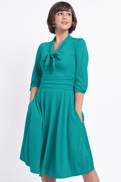 Sandra Vintage Inspired Stretchy Turquoise Bow Tie Dress