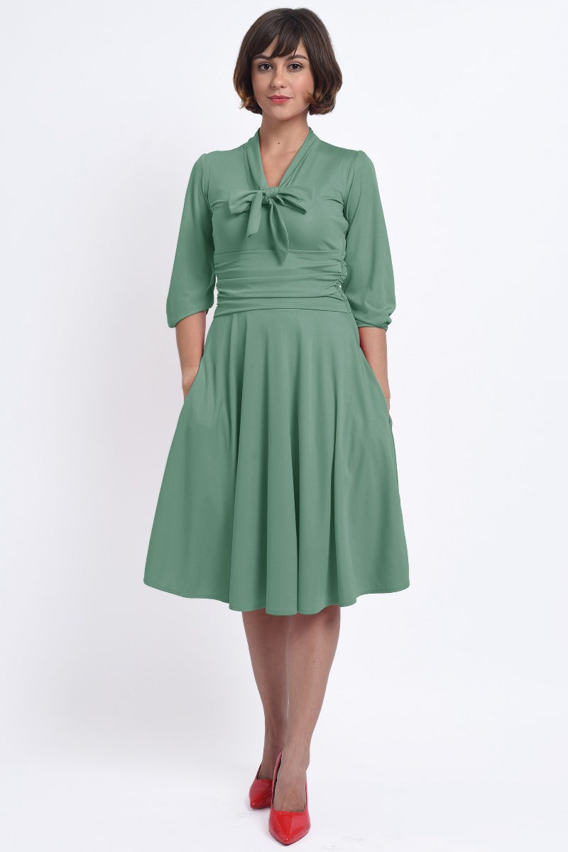 Sandra Vintage Inspired Stretchy Sage Green Bow Tie Dress