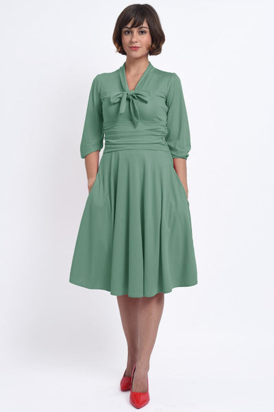 Sandra Vintage Inspired Stretchy Sage Green Bow Tie Dress