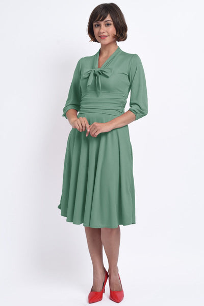 Sandra Vintage Inspired Stretchy Sage Green Bow Tie Dress