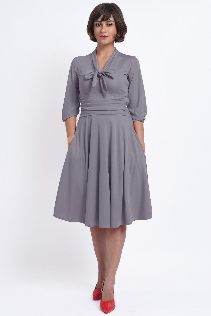 Sandra Vintage Inspired Stretchy Lavender Grey Bow Tie Dress