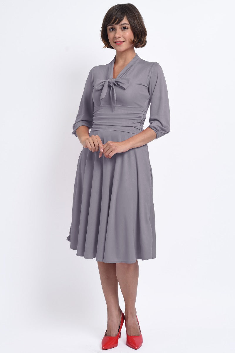 Sandra Vintage Inspired Stretchy Lavender Grey Bow Tie Dress