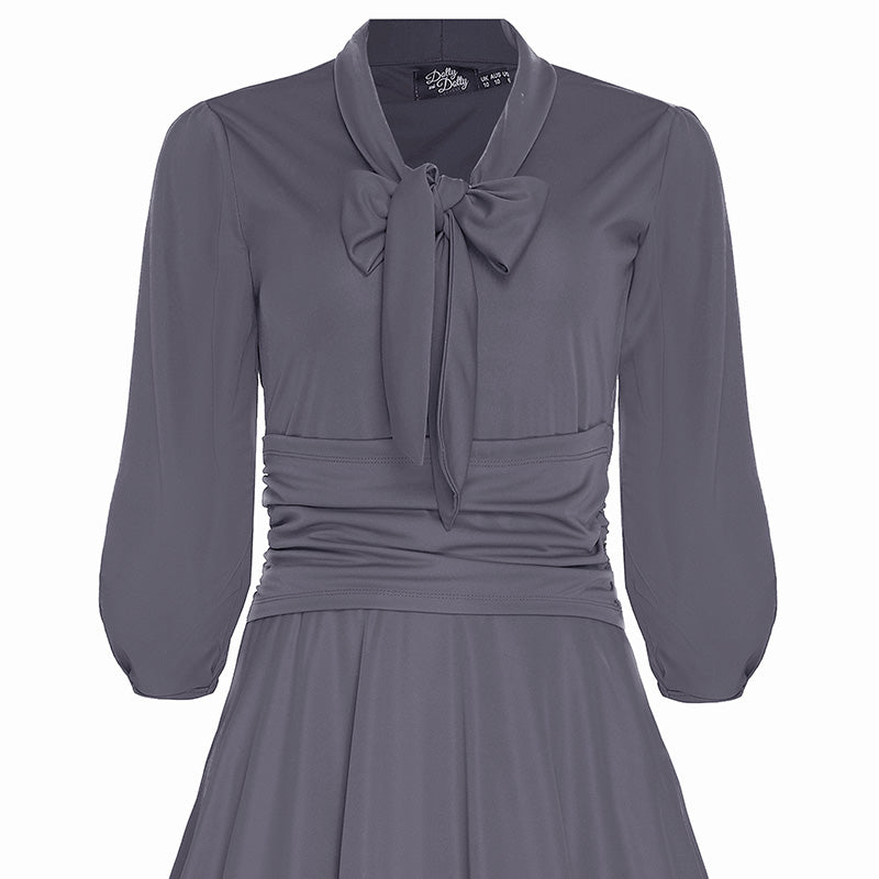 Sandra Vintage Inspired Stretchy Lavender Grey Bow Tie Dress