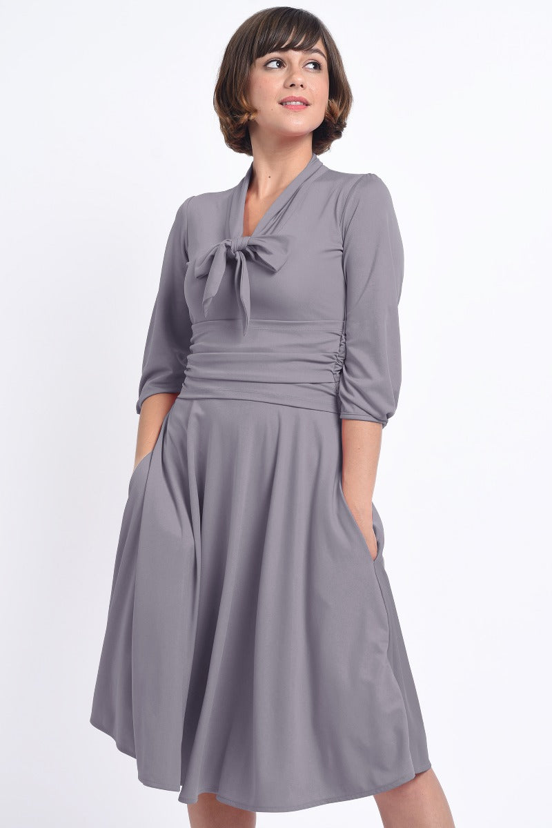 Sandra Vintage Inspired Stretchy Lavender Grey Bow Tie Dress