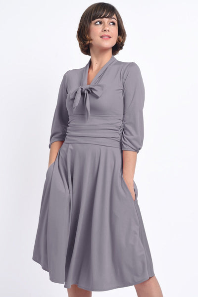 Sandra Vintage Inspired Stretchy Lavender Grey Bow Tie Dress
