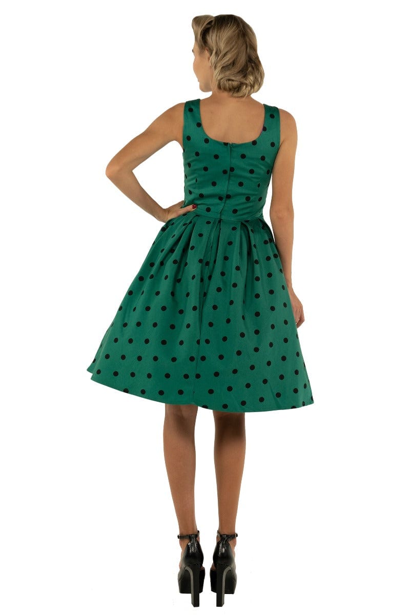 Amanda Scoop Neck Swing Dress in Green-Black Polka Dot