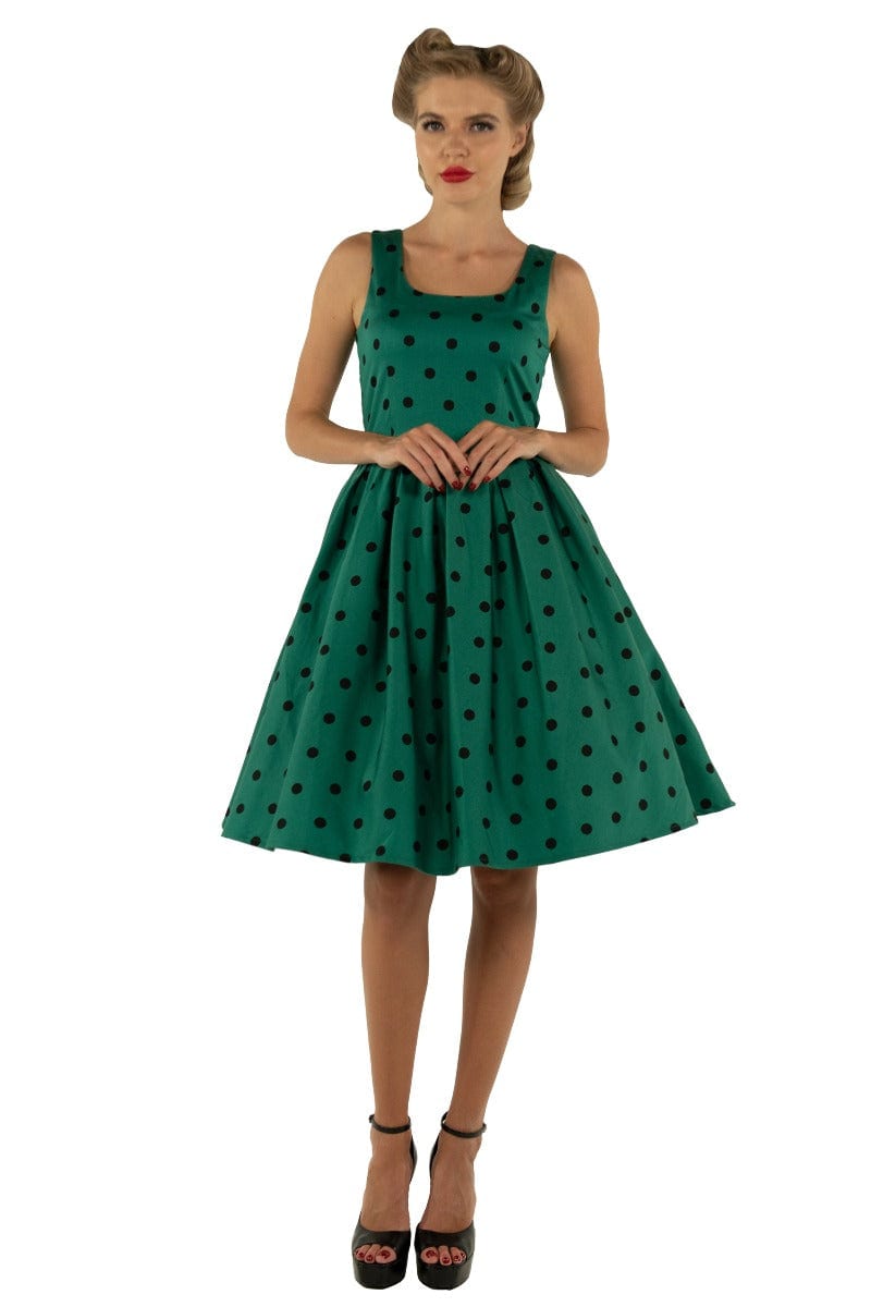 Amanda Scoop Neck Swing Dress in Green-Black Polka Dot
