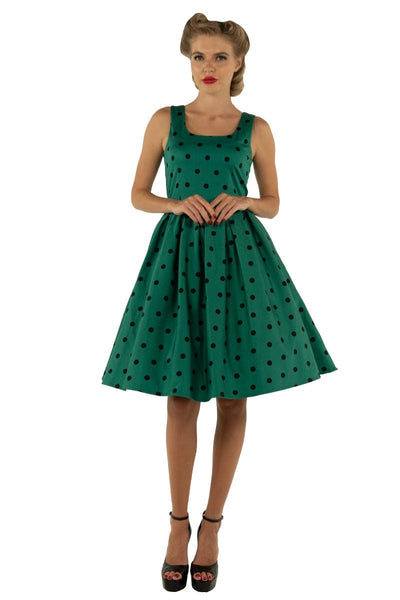 Amanda Scoop Neck Swing Dress in Green-Black Polka Dot