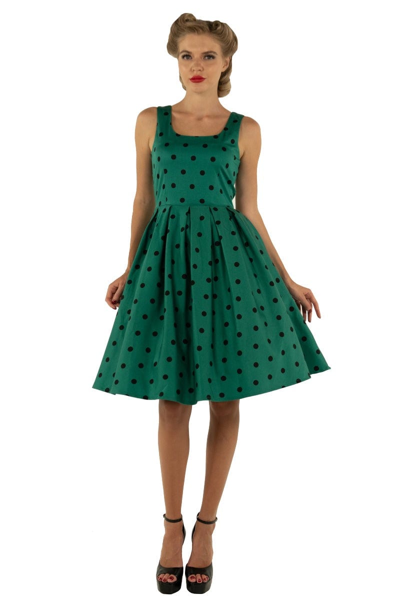 Amanda Scoop Neck Swing Dress in Green-Black Polka Dot