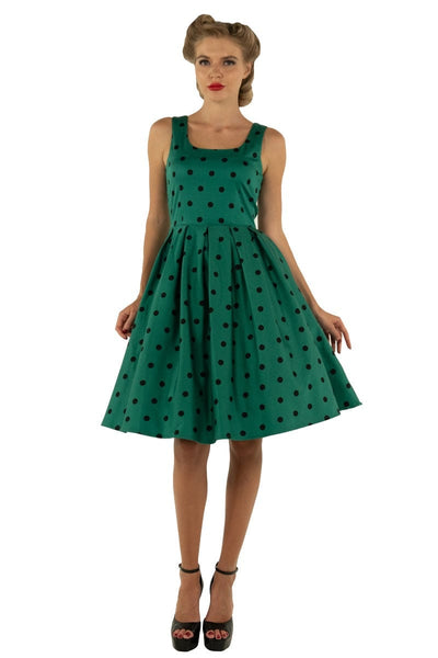 Amanda Scoop Neck Swing Dress in Green-Black Polka Dot