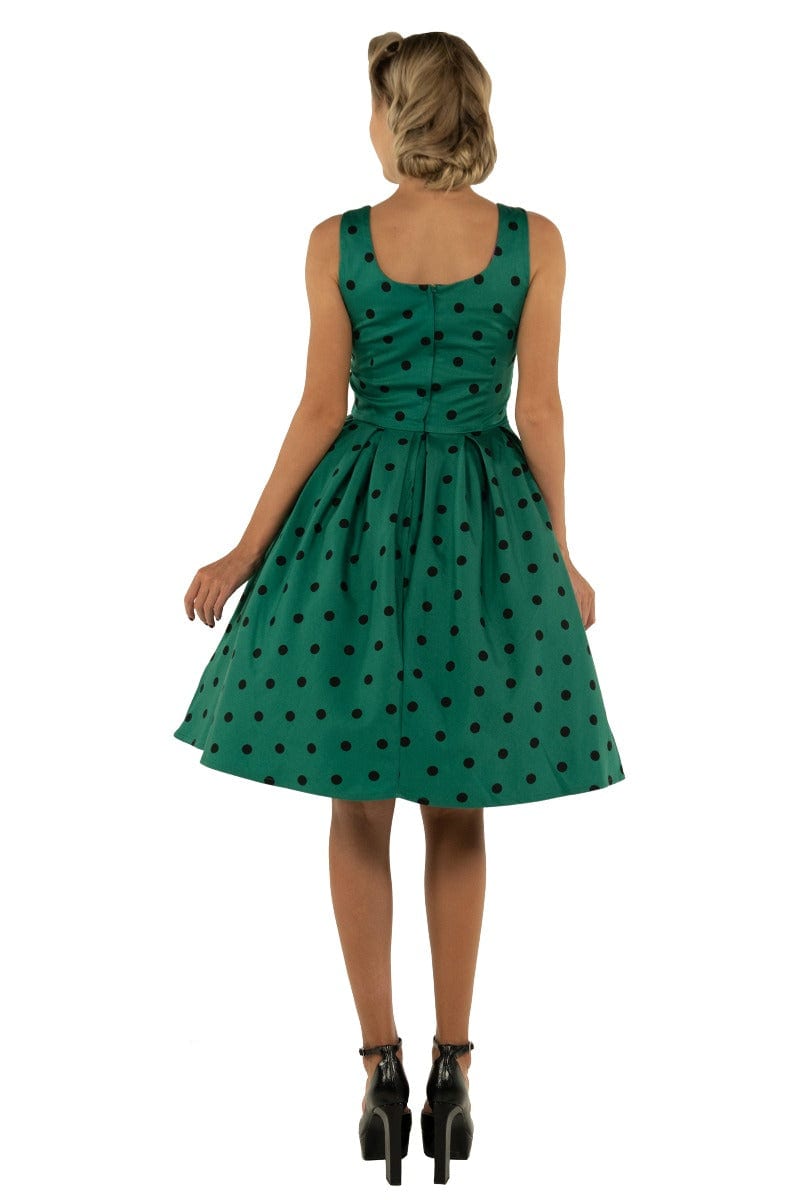 Amanda Scoop Neck Swing Dress in Green-Black Polka Dot