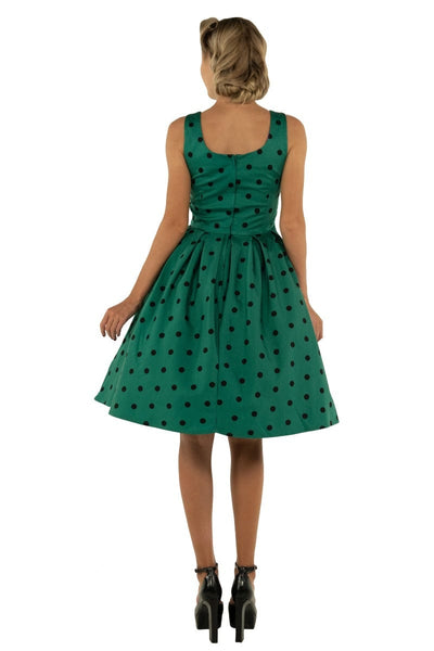 Amanda Scoop Neck Swing Dress in Green-Black Polka Dot