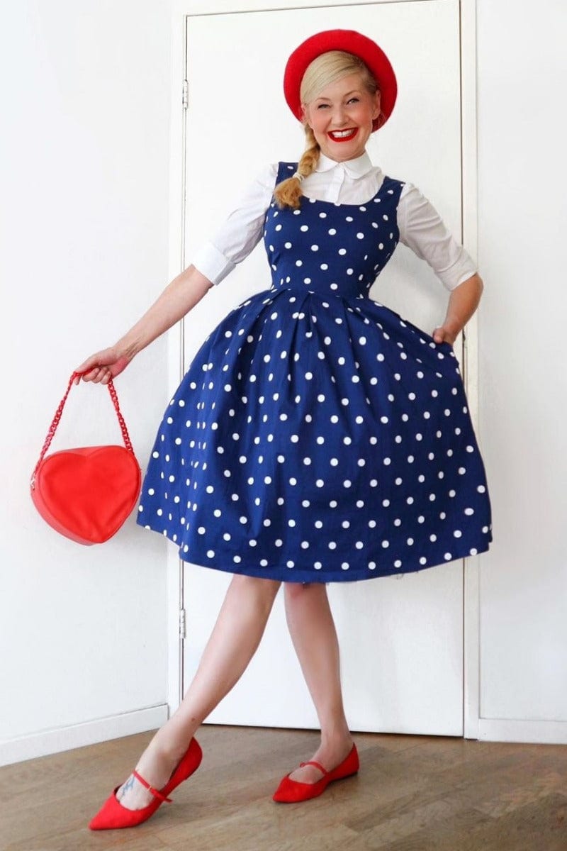 Woman's Scoop Neck Swing Dress Blue/White Polka Premium Cotton