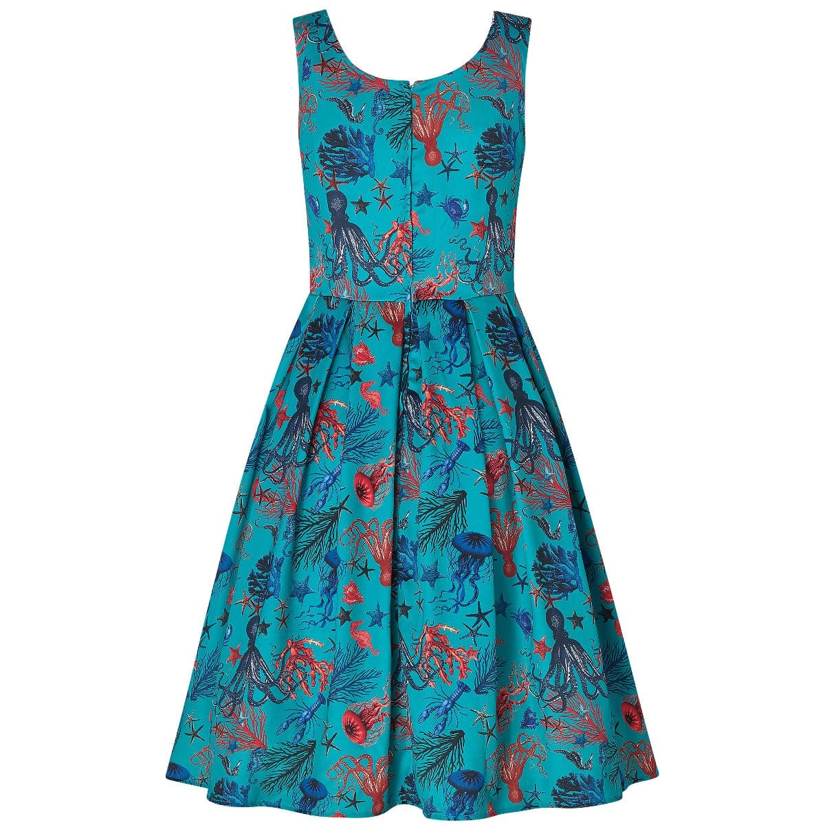 Amanda Aquarium Sea Life Print Flared Dress in Blue-Red